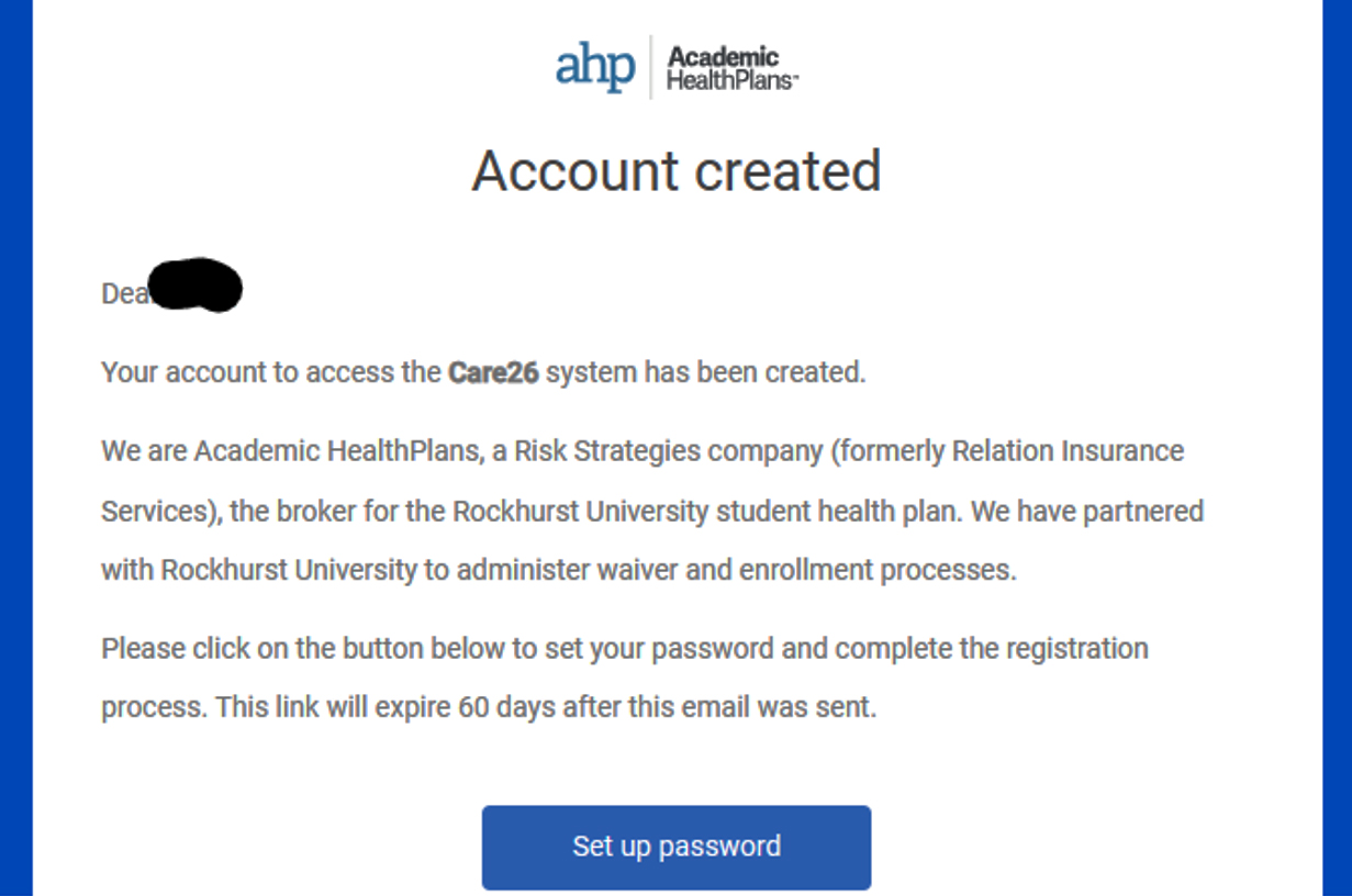 Academic HealthPlans Account Created confirmation email example