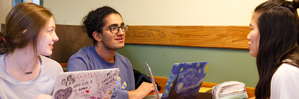 Studying at Einstein's Three students studying at Einstein's on Rockhurst's campus