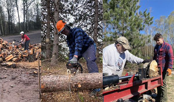 Collage of lumberjack retreat photos (person chopping wood, person with chainsaw, two students slicing wood)