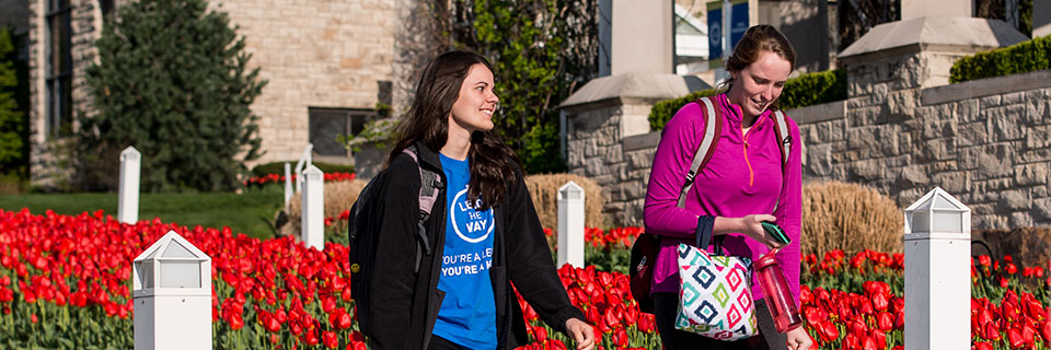 Students walking on campus with tulips