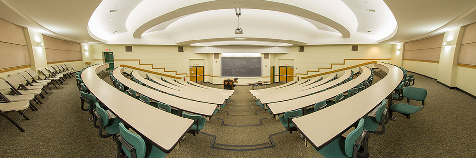 Panoramic view of Science Center 315 amphitheatre set up for classroom