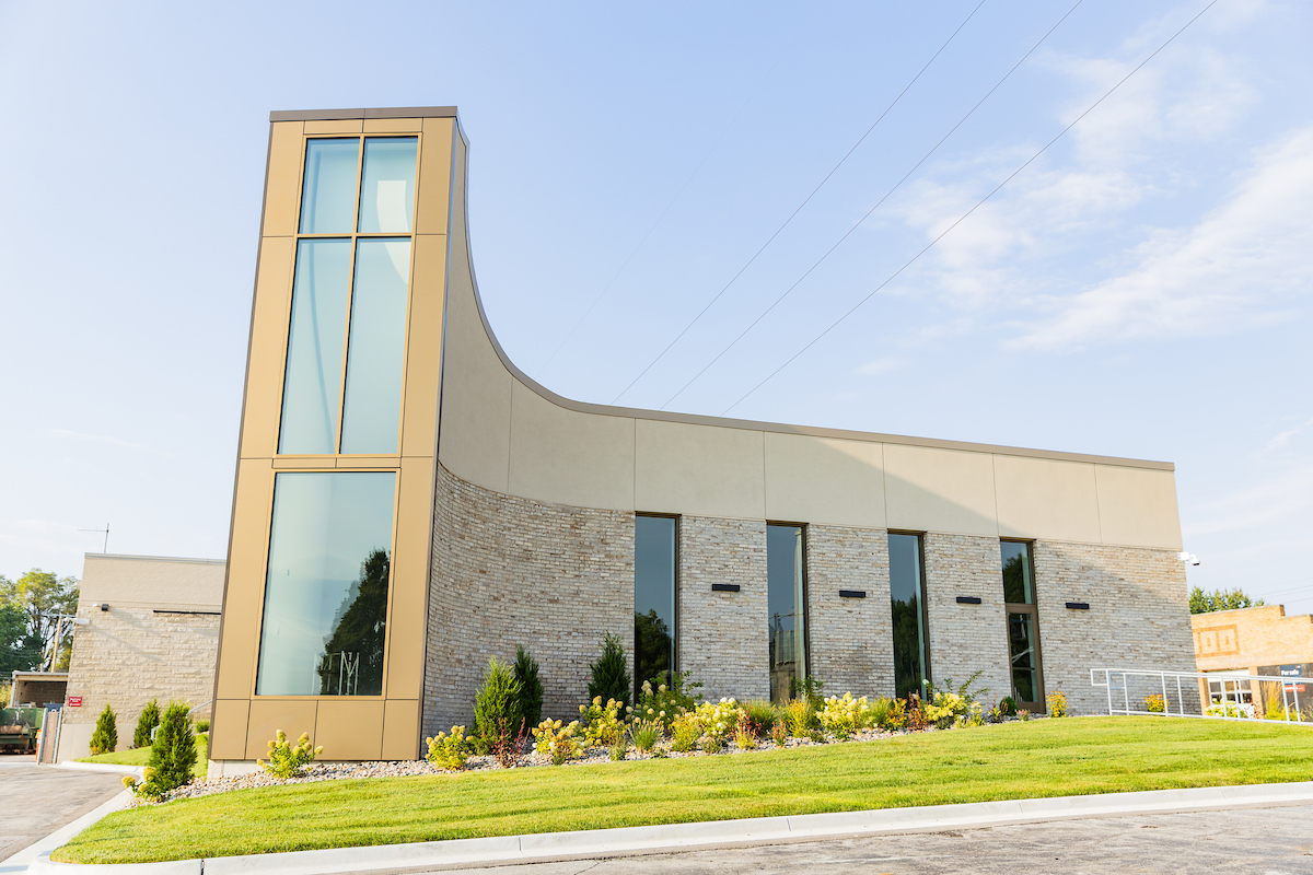 Mabee Chapel exterior (cross window) at Alvin-Brooks Center for Faith-Justice