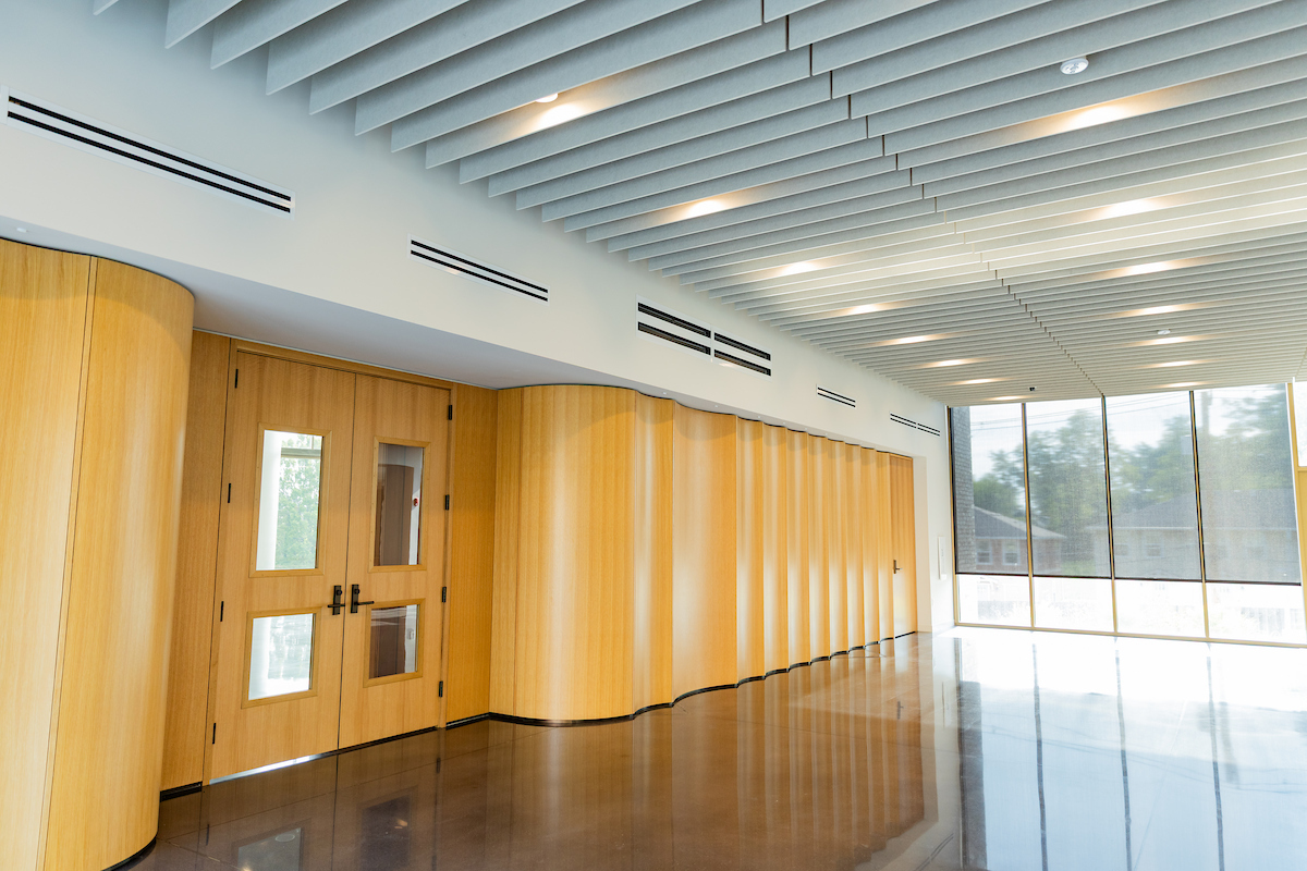 Mabee Chapel doors from hallway in Alvin Brooks Center for Faith-Justice 