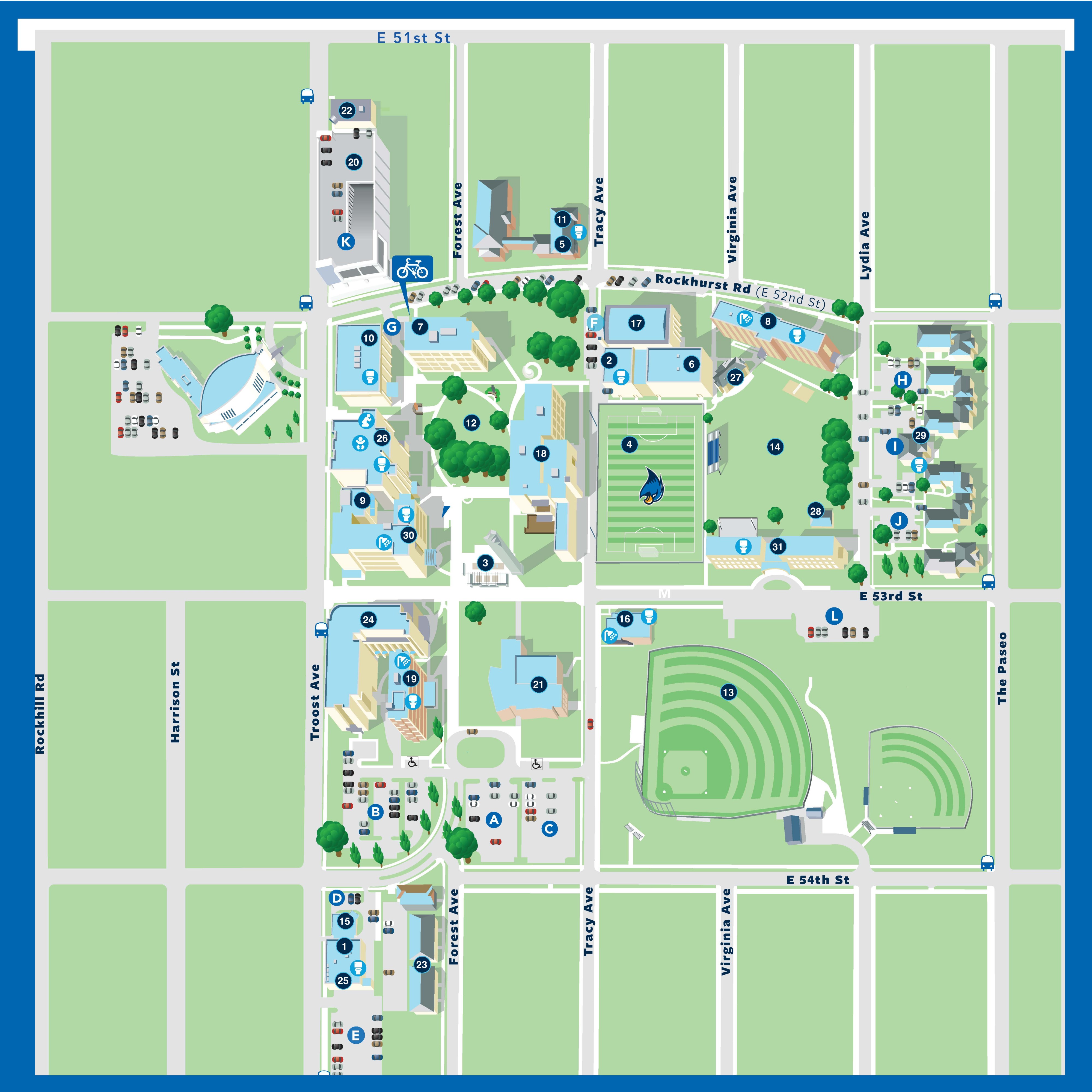 Map of Rockhurst University’s campus showing buildings, parking areas, streets and accessibility features. A full text directory is provided below.