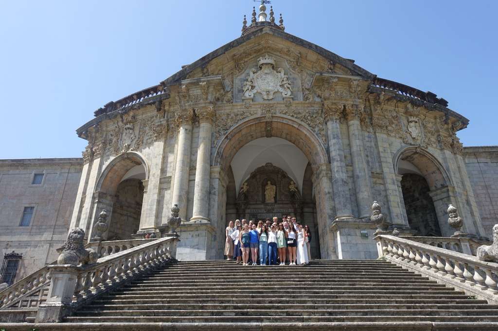 Study abroad group stands in front of the Basilica of St. Ignatius in Loyola, Spain