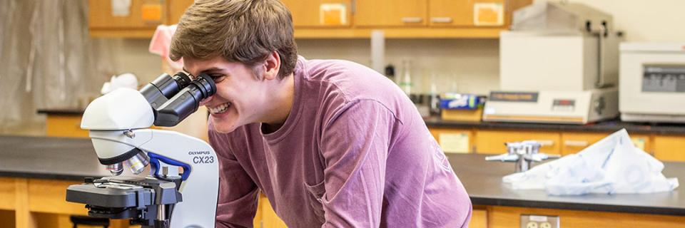 Student looks into microscope. 