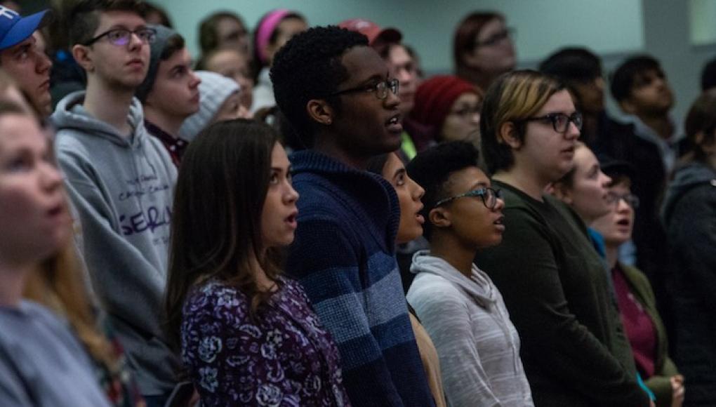 Students at a prayer service on Martin Luther King Day