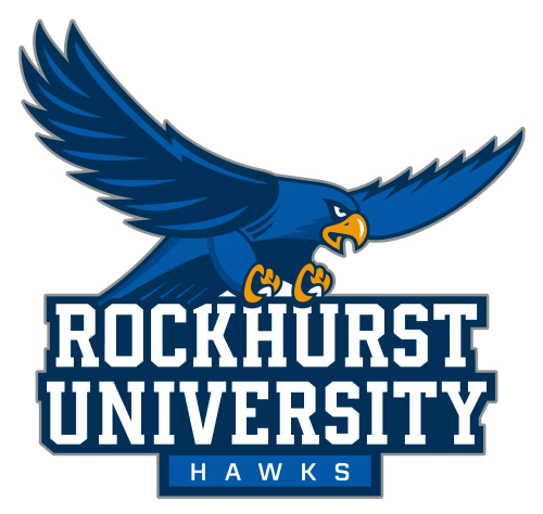Rockhurst Hawks full logo - blue hawk flying above Rockhurst University Hawks text