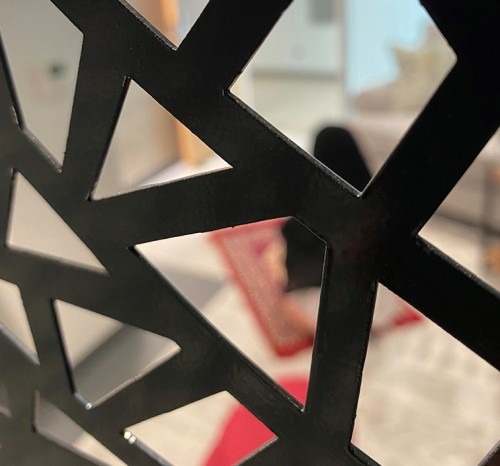 A woman in a hijab prays in the background as the camera looks through a designed room divder