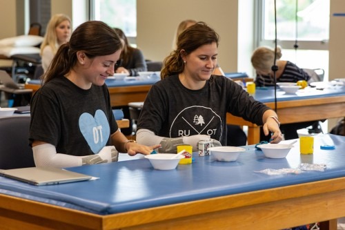 Two OT students work with their left hands at a table