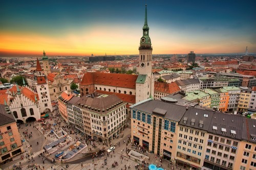 Munich, Germany, church and square as seen from above