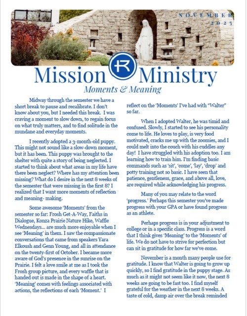 Hero photo of Mary's grotto. Text for page one used as a preview of the newsletter.