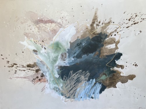 "Serenity," a painting by Kelly Meiners, consisting of expressive brushstrokes and shades of pink, white, brown and green