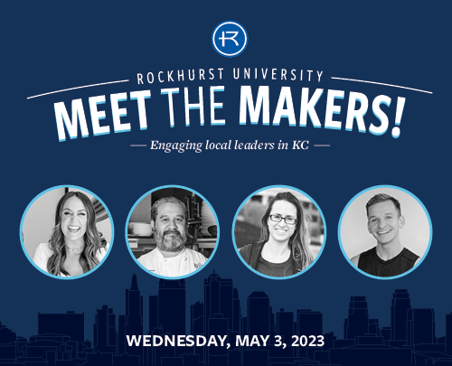 Meet the Makers 2023 KC Skyline with R Logo and keynote speaker headshots