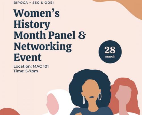 A photo of women with the event title on it - BIPOCA+SSG & ODEI: Women's History Month Panel + Netwo