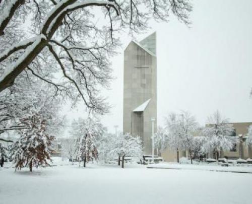 A view of the iconic RU bell tower surrounded by snow.