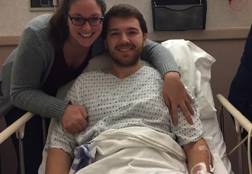 Luke Beckett, '15, and his wife in the hospital